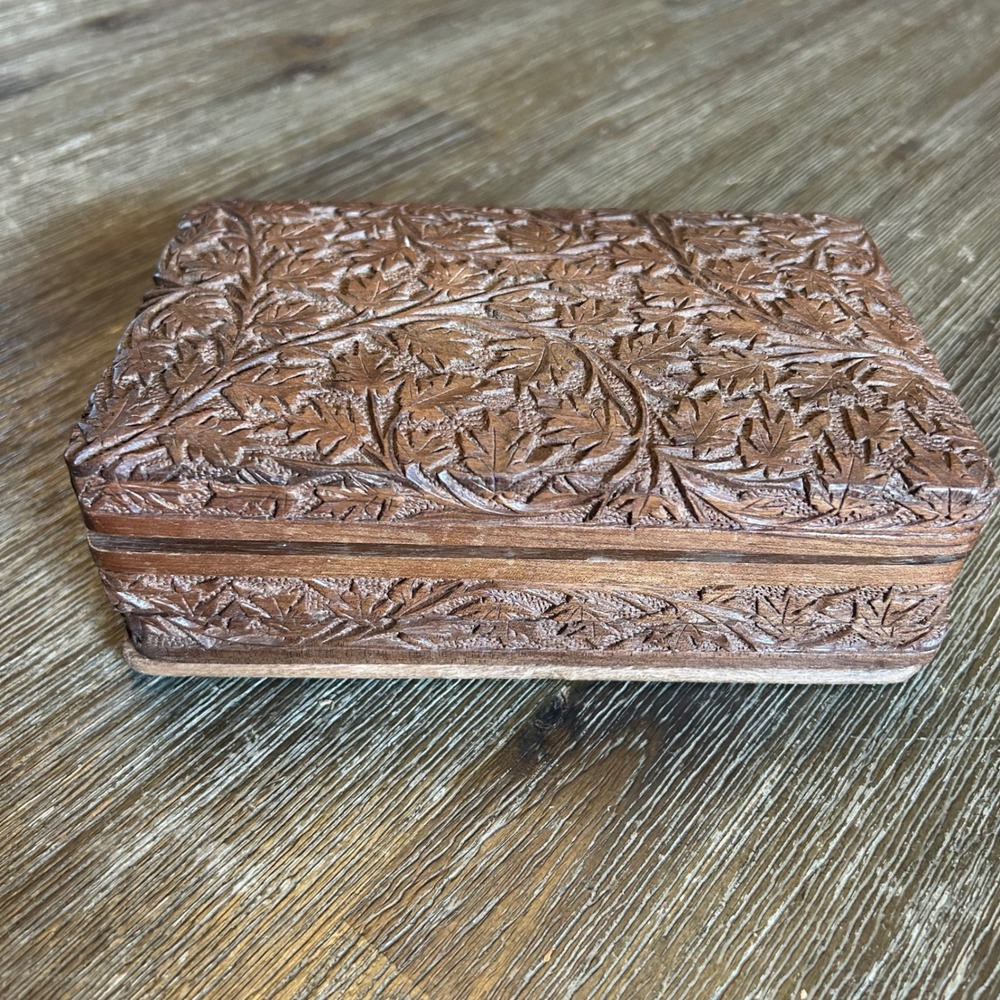 Vintage Hand Carved Wooden Trick Puzzle Box Secret Lock Blue Velvet Interior 8"